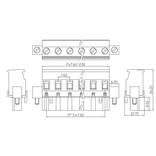 플랜지 플러그인 터미널 수컷 및 여성 커넥터 각도가있는 7.62mm 피치